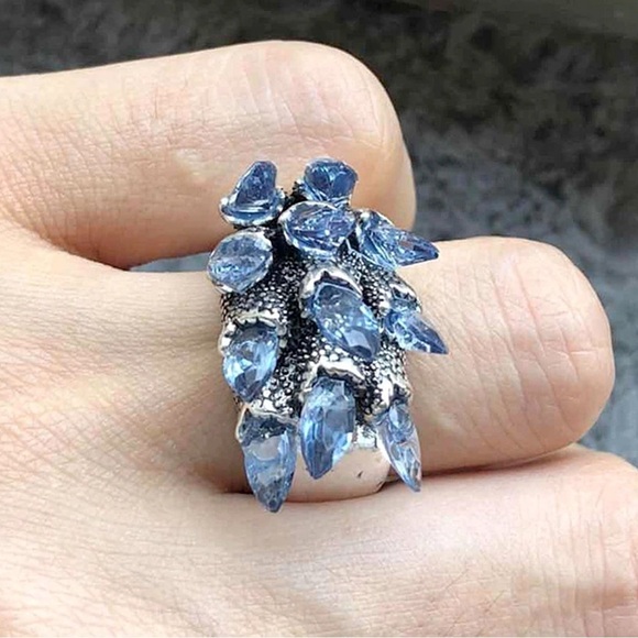 RAW Celestine Celestite Brutalist Style Silver Crystal Ring - Picture 1 of 5